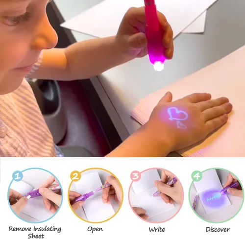 Vista 4 de TAFULOR Bolígrafo de tinta invisible para niños, recuerdos de fiesta de cumpleaños para niñas y niños, bolígrafos espía con luz UV, marcadores