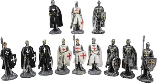 Vista 3 de Ebros Gift Juego de 12 figuras medievales de caballeros de la cruz, cruzados con espadas, alabardas y escudos, traje de armadura, esculturas