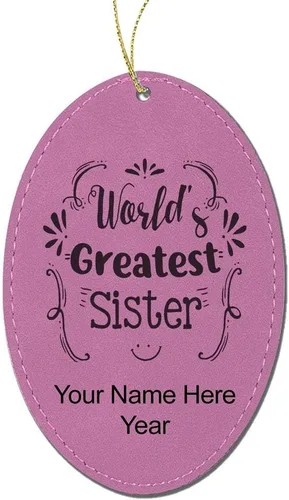 Vista 6 de LaserGram Personalized Christmas Ornament, World's Greatest Sister, Faux Leather, Custom Laser Engraved Gift Idea (Oval Shape, Black with Gold)