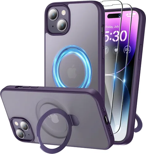 Vista 13 de Funda magnética para iPhone 15 con soporte, soporte de anillo invisible con protector de pantalla compatible con MagSafe Slim esmerilado mate, funda