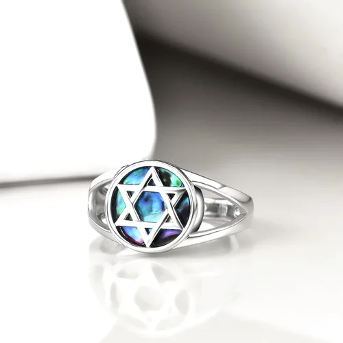 Vista 2 de TIGER RIDER Anillo de plata de ley 925 con estrella de Davids Star of David en concha de abulón