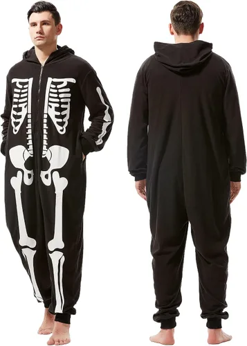 Vista 4 de Disfraz de esqueleto de Halloween para hombre adulto, overol unisex de felpa, acogedor disfraz de cosplay de una pieza para hombre
