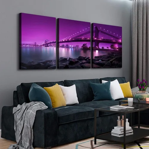 Vista 3 de Denozer - Lienzo decorativo para pared de 3 piezas - Paisaje con paisaje urbano, arte de puente, arte de pared para sala de estar, decoración