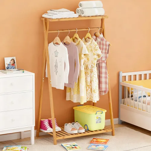 Vista 7 de Perchero de bambú para niños, pequeño estante de ropa para niños, estante de vestir para niños con 2 estantes de almacenamiento, perchero portátil