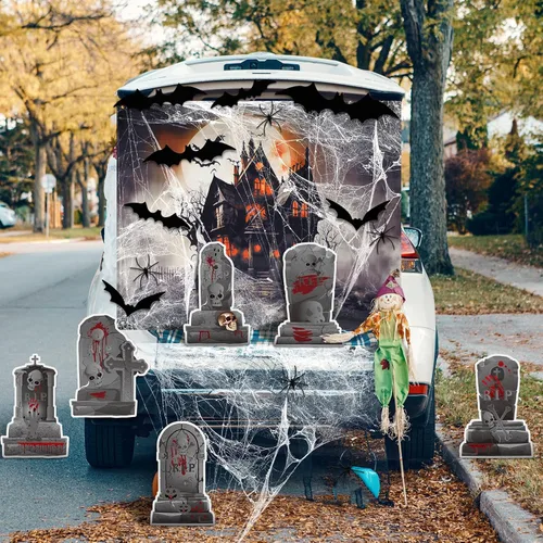 Vista 7 de Fulmoon Kit de decoración de Halloween para maletero o automóvil con calcomanía de lápida, telarañas, murciélagos, banderines de susto, lápida
