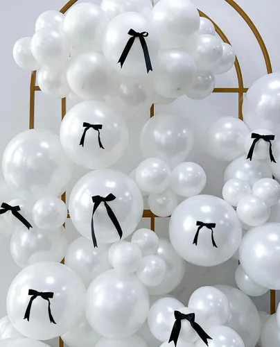 Vista 9 de Kit de arco de globos de 185 piezas negros y de arena de perlas doble relleno con lazos y perlas de imitación, globos negros y blancos