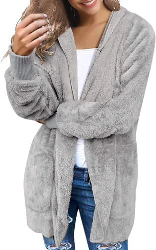 Vista 3 de luvamia - Chaqueta con capucha para mujer, diseño de vellón mullido, abierta, abrigo con bolsillos delanteros