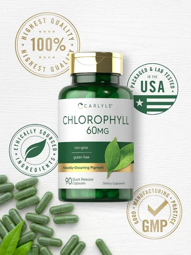 Vista 5 de Carlyle Cápsulas de clorofila 60 mg 90 píldoras complejas con cobre Suplemento sin OMG y sin gluten