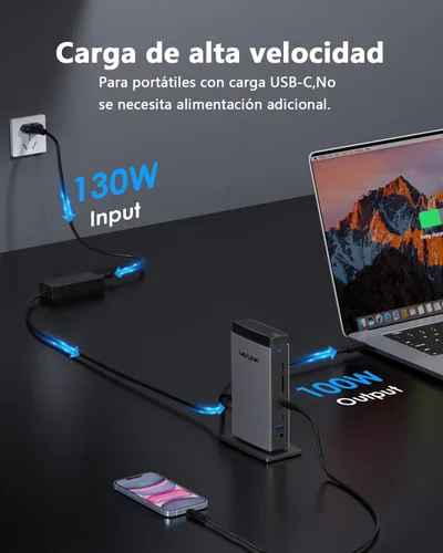 Vista 5 de Estación de acoplamiento WAVLINK 3 monitores, triple 4K@60Hz para MacBook M1/M2/M3/M4/Windows, dock Displaylink con 3X HDMI o 2X DisplayPort