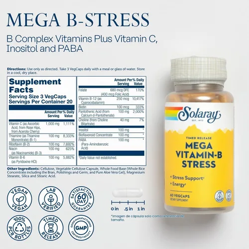 Vista 3 de SOLARAY Mega Vitamina B-Estrés, Complejo vitamínico B de liberación programada con 1000 mg de vitamina C para el estrés, la energía y el apoyo a