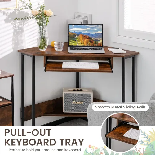 Vista 5 de MEDIMALL Escritorio triangular para computadora, mesa de escritura de esquina pequeña con tomas de corriente, bandeja para teclado y estante