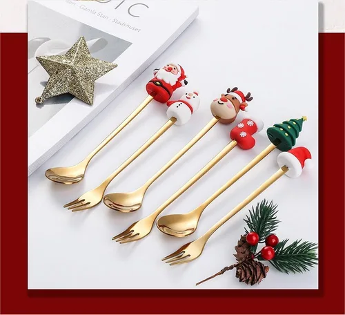 Vista 5 de Cuchara de Navidad de acero inoxidable para árbol de Navidad, cuchara de té para el hogar, cuchara de café de Navidad, tenedores de cena, cuchara