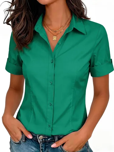 Vista 18 de siliteelon Camisas de vestir de manga corta con botones para mujer, camisas de algodón con botones para mujer, blusa ajustada de manga 3/4 Beige