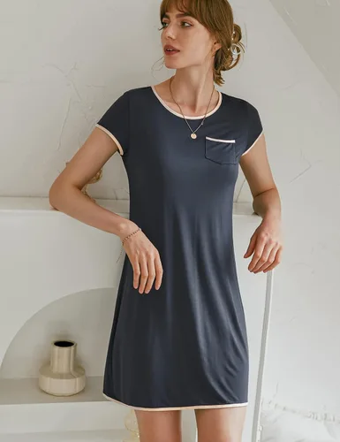 Vista 3 de Ekouaer - Vestido de dormir de mujer, camisón de manga corta con parches de satén, con bolsillos