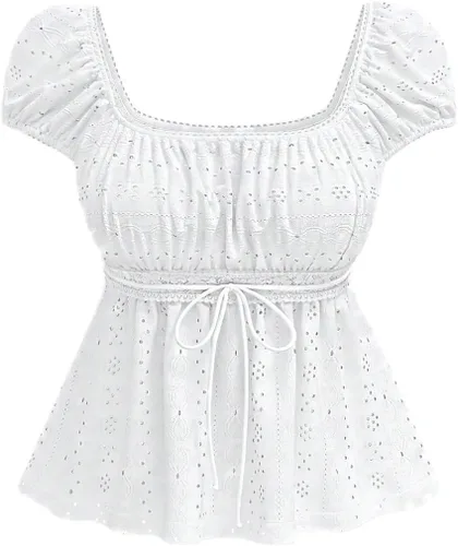 Vista 25 de SOLY HUX Blusa de verano de manga corta para mujer Blanco sólido