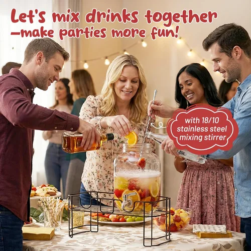 Vista 2 de KIKCOIN Paquete de 2 dispensadores de bebidas de vidrio para fiestas, dispensador de bebidas de 1 galón a prueba de fugas con espita de acero