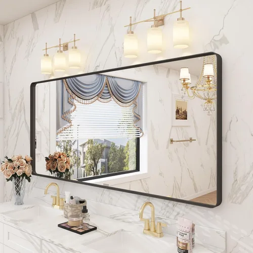 Vista 61 de Paquete de 2 espejos de baño con marco de metal negro de 22 x 30 pulgadas, espejo rectangular redondeado negro mate, antioxidante, se cuelga