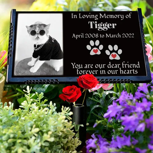 Vista 11 de Marcador personalizado para tumbas para mascotas con foto, piedra conmemorativa de gatos, lápida de granito negro personalizada grabada con láser