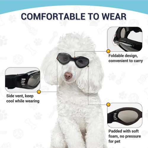 Vista 3 de Gafas de sol para perros de raza media, protección ocular para perros medianos, resistentes al viento, color negro