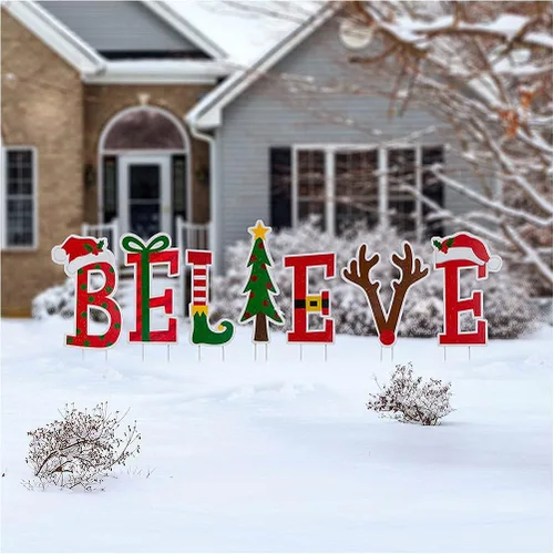 Vista 2 de Glitzhome 7 juegos de estacas navideñas Believe para patio, adornos de jardín de metal de 23 pulgadas de alto, decoración de pared para decoraciones