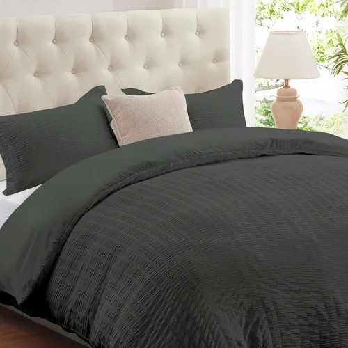 Vista 11 de Cozyide Beige Queen Duvet Cover Set, 3 Pieces Soft Seersucker Queen Size Duvet Cover with Zipper Closure and Corner Ties, 90"x90" Duvet Cover with 2