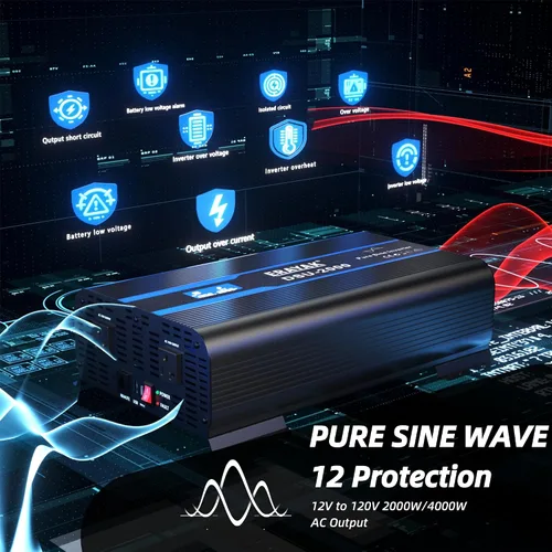 Vista 4 de Erayak Inversor de corriente de onda sinusoidal pura de 2000 W, 12 V CC a 110 V 120 V AC para el hogar, RV, camión, solar fuera de la red con USB-C
