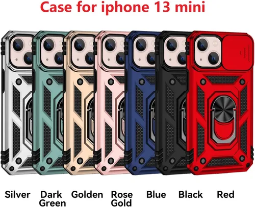 Vista 2 de Funda para iPhone 13 mini, funda para iPhone 13 mini con funda para cámara y soporte, grado militar, a prueba de golpes, resistente, funda