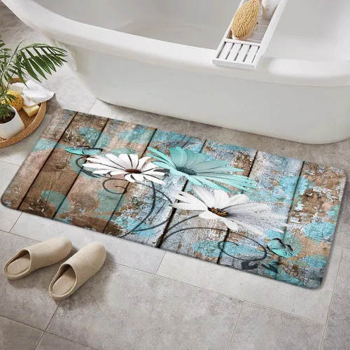 Vista 37 de JAWO Alfombra de baño con flores de granja, dalia en tablones de madera rústica, juego de tapetes de baño con flores azules, en forma de U