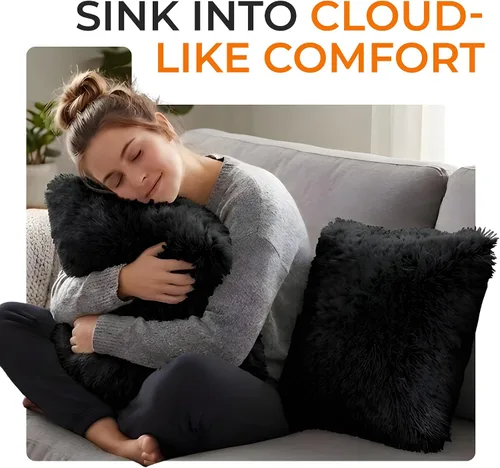 Vista 2 de Cheer Collection Almohadas para sofá y cama, almohadas suaves y peludas con rellenos incluidos, acogedoras almohadas de pelo sintético de pelo Negro