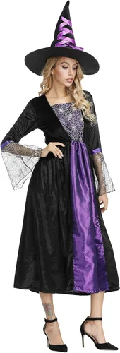 Vista 2 de Haorugut Disfraz de bruja para mujer, disfraz de bruja malvada, vestido de bruja
