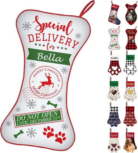 Vista 16 de Calcetines de Navidad personalizados con foto de nombre, medias personalizadas en forma de hueso para perros, gatos, mascotas, medias de Navidad