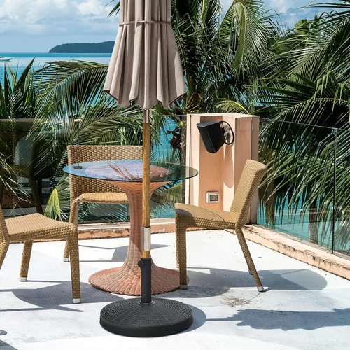 Vista 3 de Tangkula Base de sombrilla de patio de 49 libras, soporte de sombrilla de 20.5 pulgadas con diseño de ratán, perilla ajustable, soporte redondo