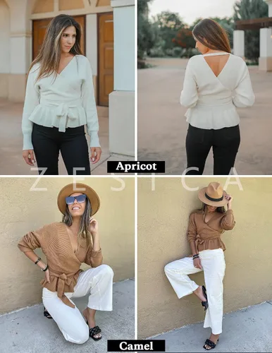 Vista 5 de ZESICA - Suéter envolvente de punto para mujer con cuello en V manga larga tipo murciélago cinturón y volantes sin botones
