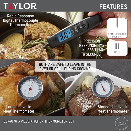 Vista 3 de Taylor Termómetro de 3 piezas, incluye 1 termómetro digital súper rápido y 2 termómetros analógicos para carne, aptos para horno, multicolor