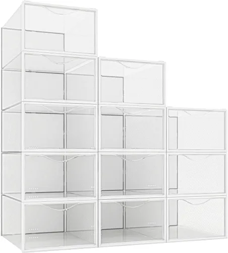 Vista 2 de Seseno Paquete de 12 cubos de almacenamiento de zapatos, organizador de zapatos apilable de plástico transparente para armario, zapatero plegable