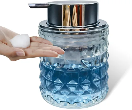 Vista 11 de Dispensadores de jabón espumoso de mano de vidrio con bomba plateada, dispensador de jabón de manos recargable para baño y cocina (1 paquete-D881)
