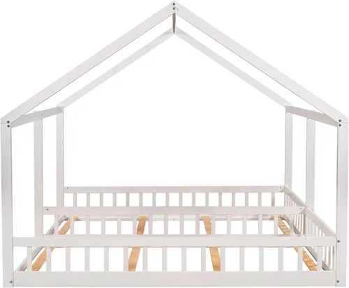 Vista 6 de MERITLINE Marco de cama doble para niños, 2 camas de plataforma de madera tamaño individual con valla, dos camas compartidas con techo, cama