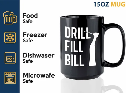 Vista 3 de Taza de café para dentistas de 15 onzas, color negro, factura de relleno de taladro, regalos de dentista para mujeres, dentista, oficina, asistente