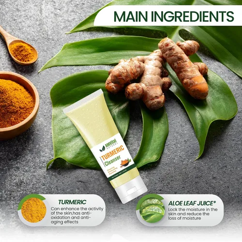 Vista 4 de AMVital Jabón facial de cúrcuma – Limpiador facial de cúrcuma con aloe vera, vitamina E y extractos naturales – Lavado facial de gel diario ligero