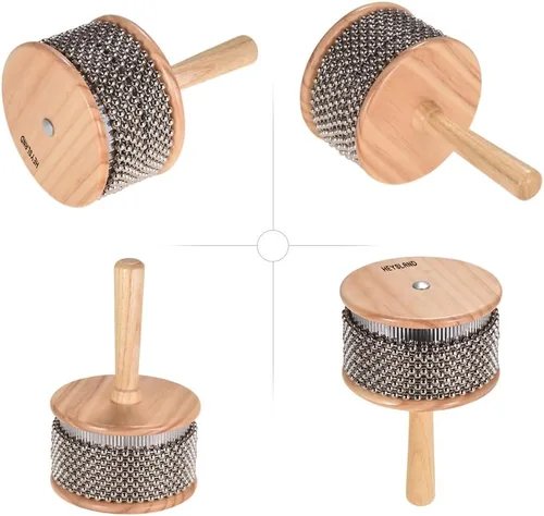 Vista 4 de Heysland Cabasa de madera instrumento musical de percusión de metal con cuentas de cadena y cilindro Pop Hand Shaker para banda educación musical