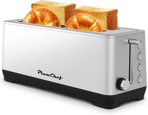 Vista 8 de Tostadora de ranura larga extra ancha de 4 rebanadas, bandeja extraíble para migas, 6 ajustes de tostado, funciones de bagel/descongelación, 1650 W