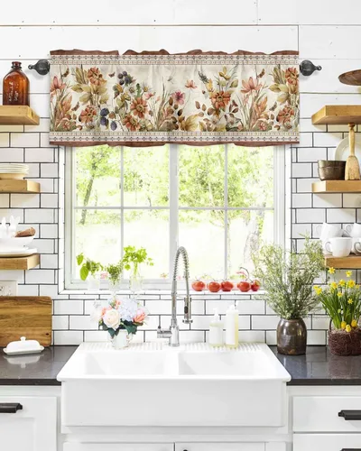 Vista 71 de Cortinas de cocina de Navidad, cenefa semitransparente ajustable con lazo, muñeco de nieve, copo de nieve, bolsillo para barra, tratamiento