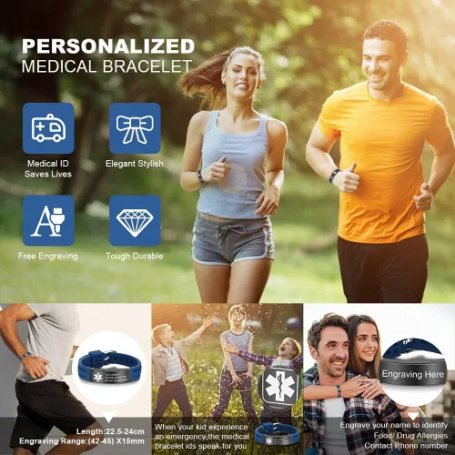 Vista 4 de OPALSTOCK Pulseras médicas personalizadas de silicona ajustable para identificación de emergencias, grabado gratuito, 9 pulgadas, resistente al