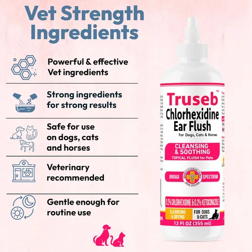 Vista 7 de Truseb Advanced - Lavado Tópico de Oídos para Perros con Ketoconazol y Clorhexidina para Perros, Gatos y Caballos, con Aloe - 12 oz Hecho en EE.UU.