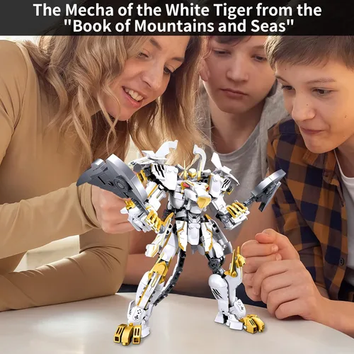 Vista 7 de CSNRHG Modelo de robot mecánico samurái de tigre blanco con doble hacha, bloques de construcción, juego de juguetes de cumpleaños mítico para niños