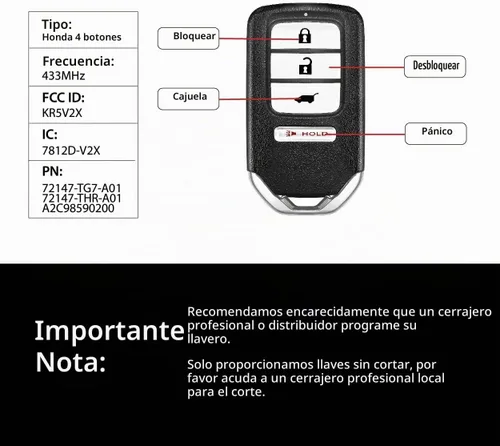 Vista 3 de Repuesto para Honda Civic Odyssey Pilot LX CR V 2017 2018 2019 2020 Control remoto KR5V2X 4 botones 433MHz