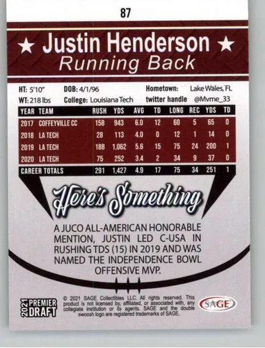 Vista 2 de 2021 SAGE Hit Premier Draft Gold Football #87 Justin Henderson Louisiana Tech Bulldogs RC Rookie Official Player Licensed Trading Card
