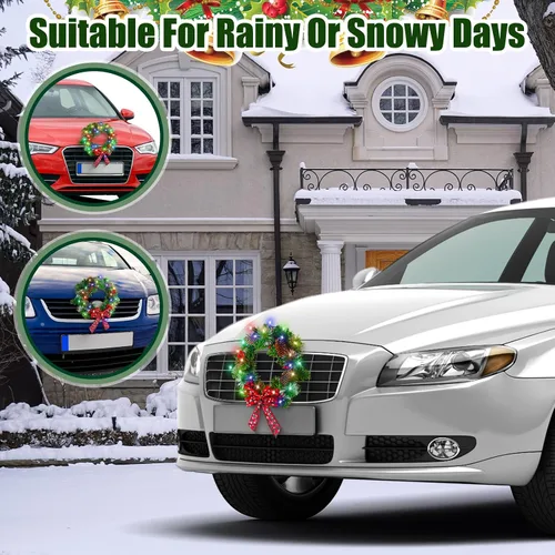 Vista 5 de Riceshoot Corona LED de Navidad para automóvil de 12 V con lazo rojo de bayas de 13 pulgadas, corona iluminada artificial para parrilla delantera