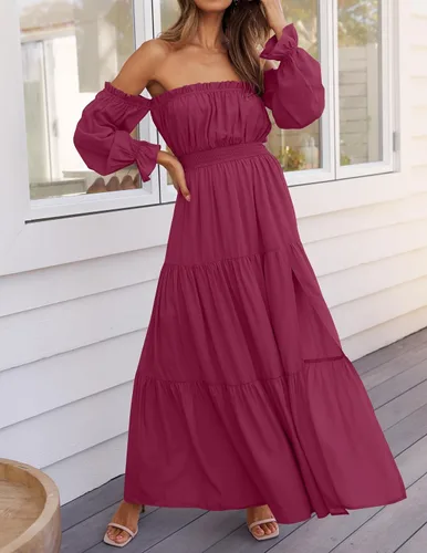Vista 35 de ZESICA - Vestido largo, bohemio y sexy, con hombros descubiertos y manga larga fruncida, con elástico fruncido, cintura alta y abertura lateral
