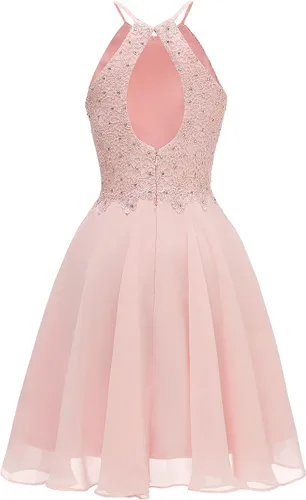 Vista 5 de Vestido halter de fiesta corto de encaje con cuentas y de espalda abierta para mujer, Blanco, 8